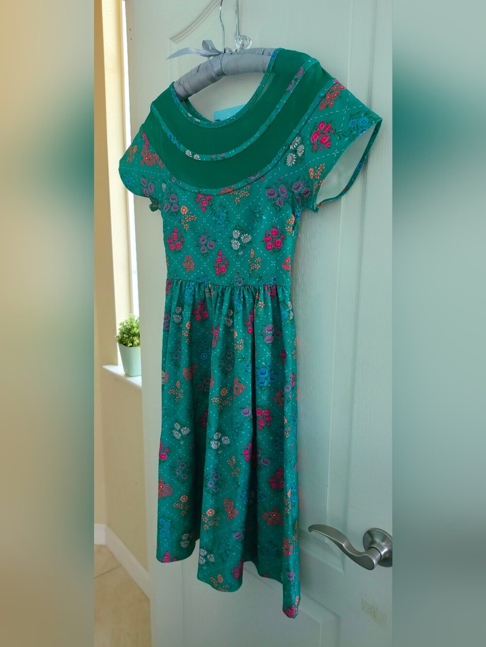 Unique Vintage Green Floral Mesh Illusion Swing Dress Retro Rockabilly Coquette